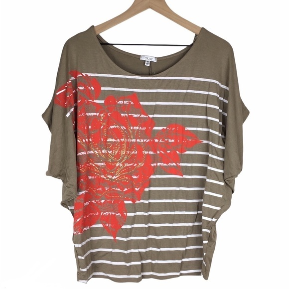 CACHE Top Blouse Stripe Floral Batwing Sleeves Tan White Orange Size Medium - Picture 10 of 10